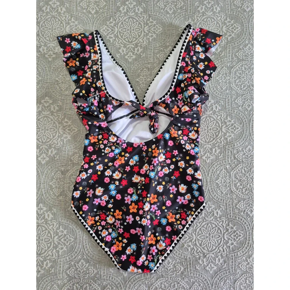 Aidonger Floral One Piece Swimsuit‎ Ruffle V-Neck Black Multicolor XL NWT